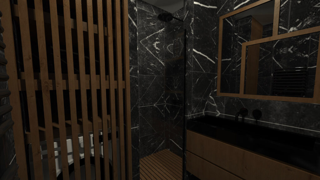 Vue 3D de la salle d'eau du projet d'architecture intérieure / APPARTEMENT G